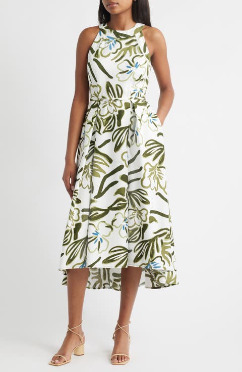 Leaf Print Sleeveless Fit & Flare Dress