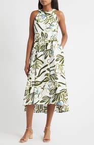 Tahari ASL Leaf Print Sleeveless Fit & Flare Dress