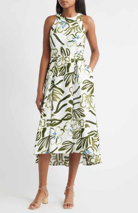 Tahari ASL Leaf Print Sleeveless Fit & Flare Dress