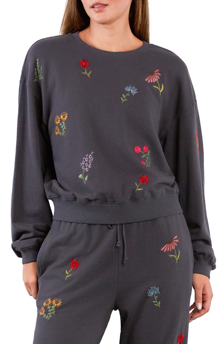 Billy T Flower Burst Embroidered Cotton Graphic Sweatshirt, Main, color, Iron Gate