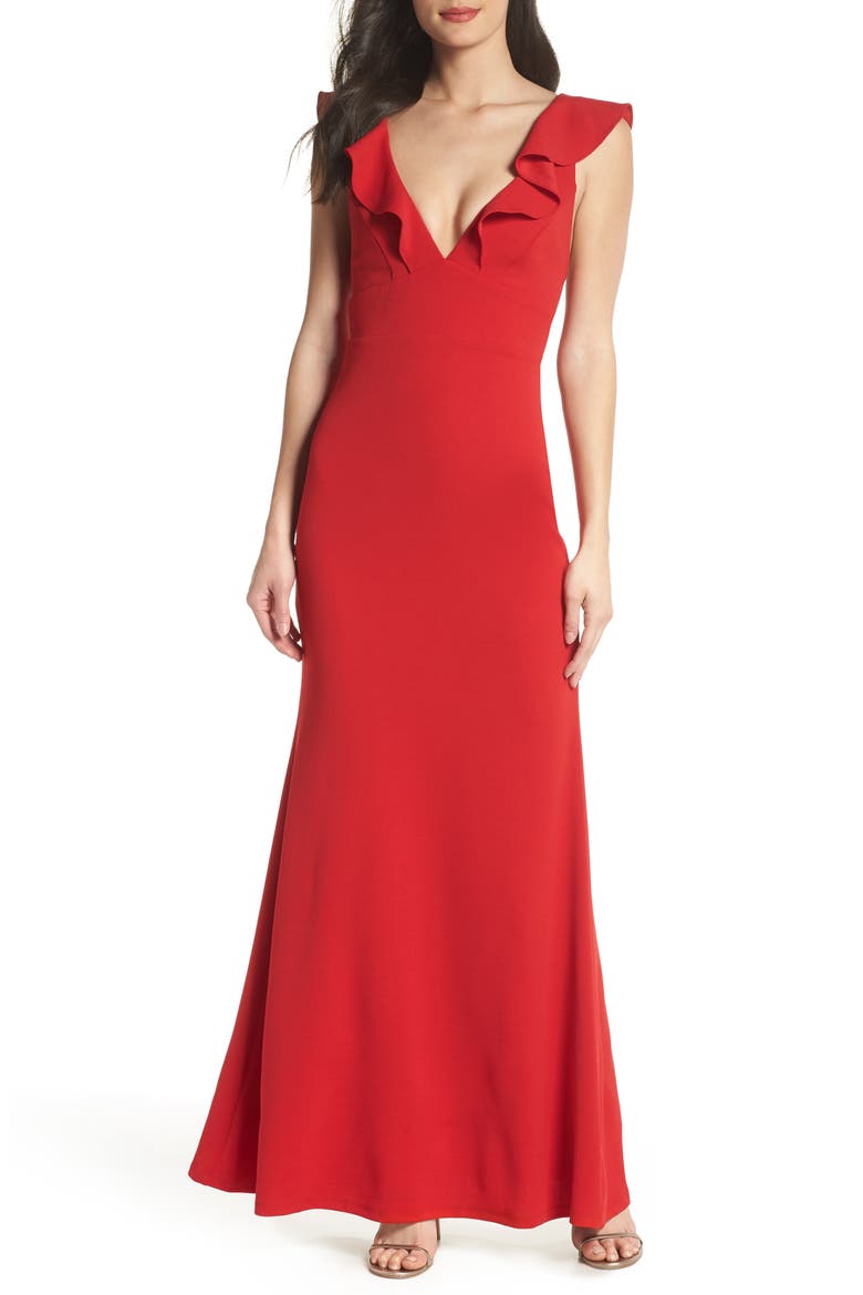 Perfect Opportunity Ruffle Trumpet Gown, Main, color, RED