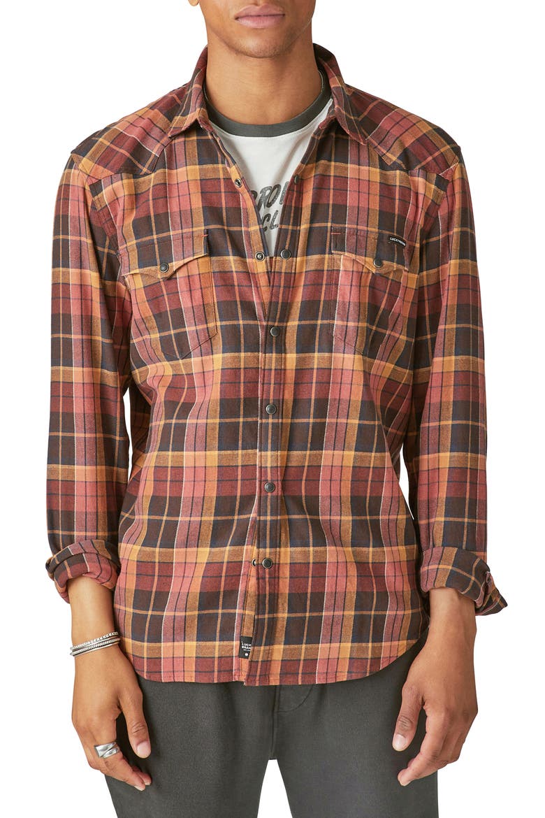 Plaid Cotton Stretch Flannel Snap-Up Western Shirt, Main, color, BROWN/ RED