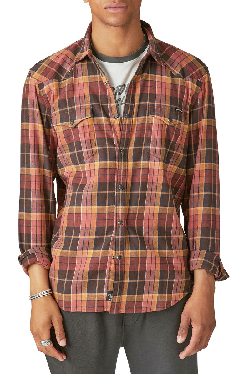 Lucky Brand Plaid Cotton Stretch Flannel Snap-Up Western Shirt, Main, color, Brown/ Red