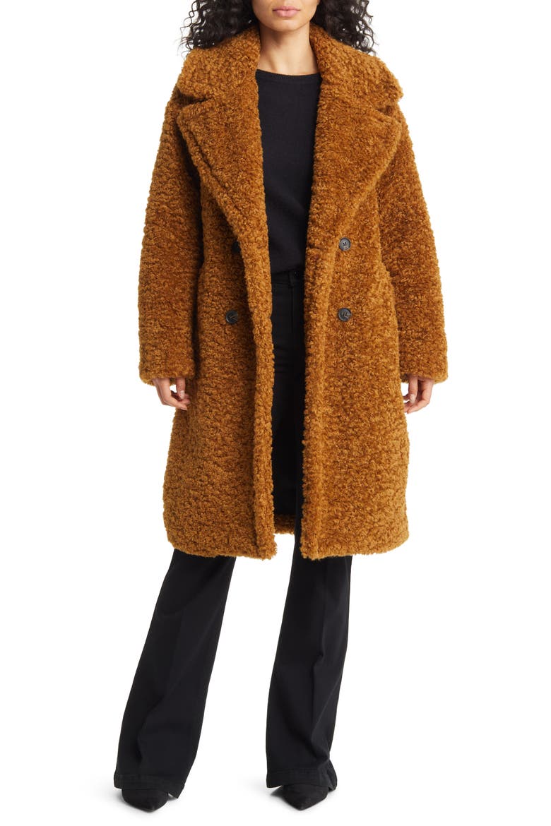 Double Breasted Faux Fur Teddy Coat, Main, color, TOFFEE
