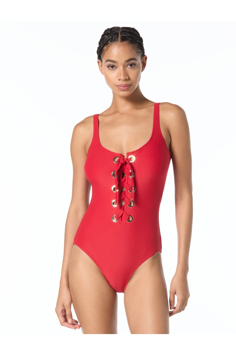 Grommet Solids Lace Up One-Piece Swimsuit, Main, color, Red