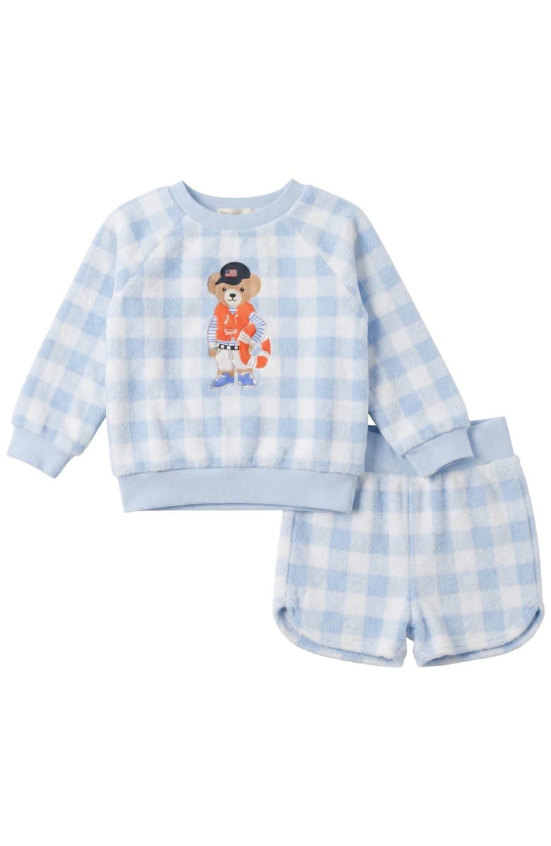 Fragile Bear Embroidered Terry Long Sleeve Top and Shorts Set, Main, color, Blue