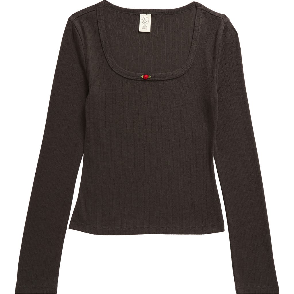 Treasure & Bond Kids' Sweet Rosette Pointelle Long Sleeve T-Shirt in Black Raven