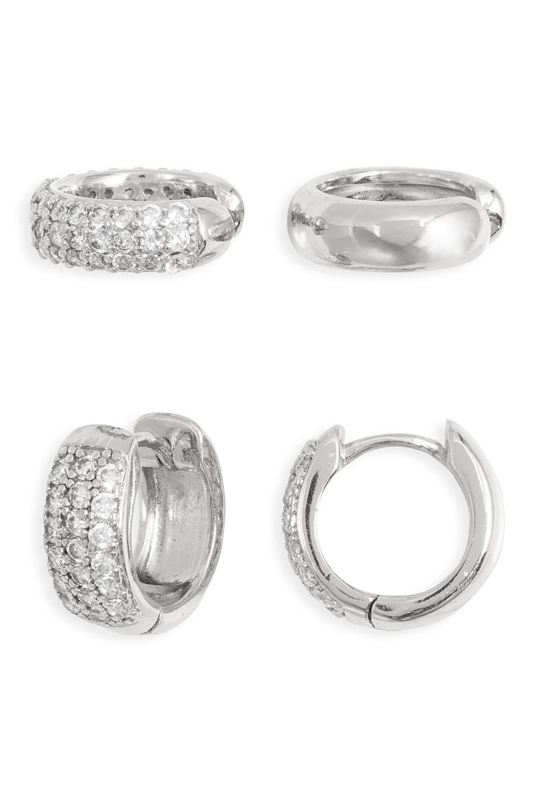 Pavé Cubic Zirconia Huggie & Ear Cuff Set, Main, color, CLEAR- SILVER