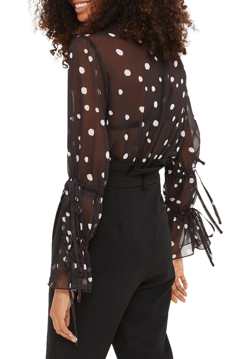 Drawstring Sleeve Sheer Dot Blouse, Alternate, color, BLACK MULTI