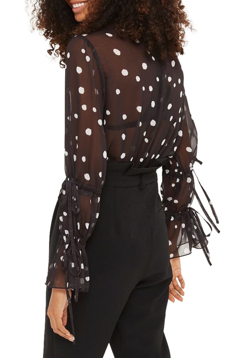 Topshop Drawstring Sleeve Sheer Dot Blouse, Alternate, color,