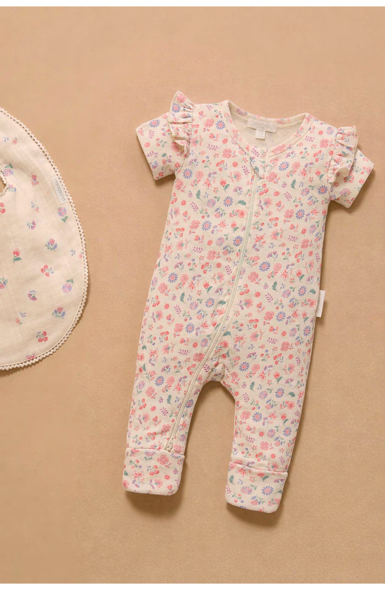 Purebaby Printed Short Sleeve Long Leg Ruffle Romper, Alternate, color, Flor Print