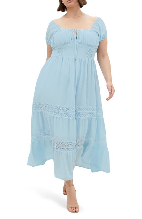 Haven Lace Inset Puff Sleeve Midi Dress (Plus)