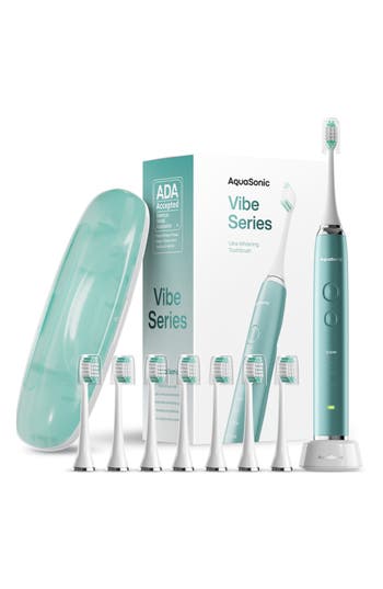 Aquasonic Vibe Series Charcoal Gray Ultrasonic Whitening Toothbrush With 8 Dupont Brush Heads & Trav In Mint Green