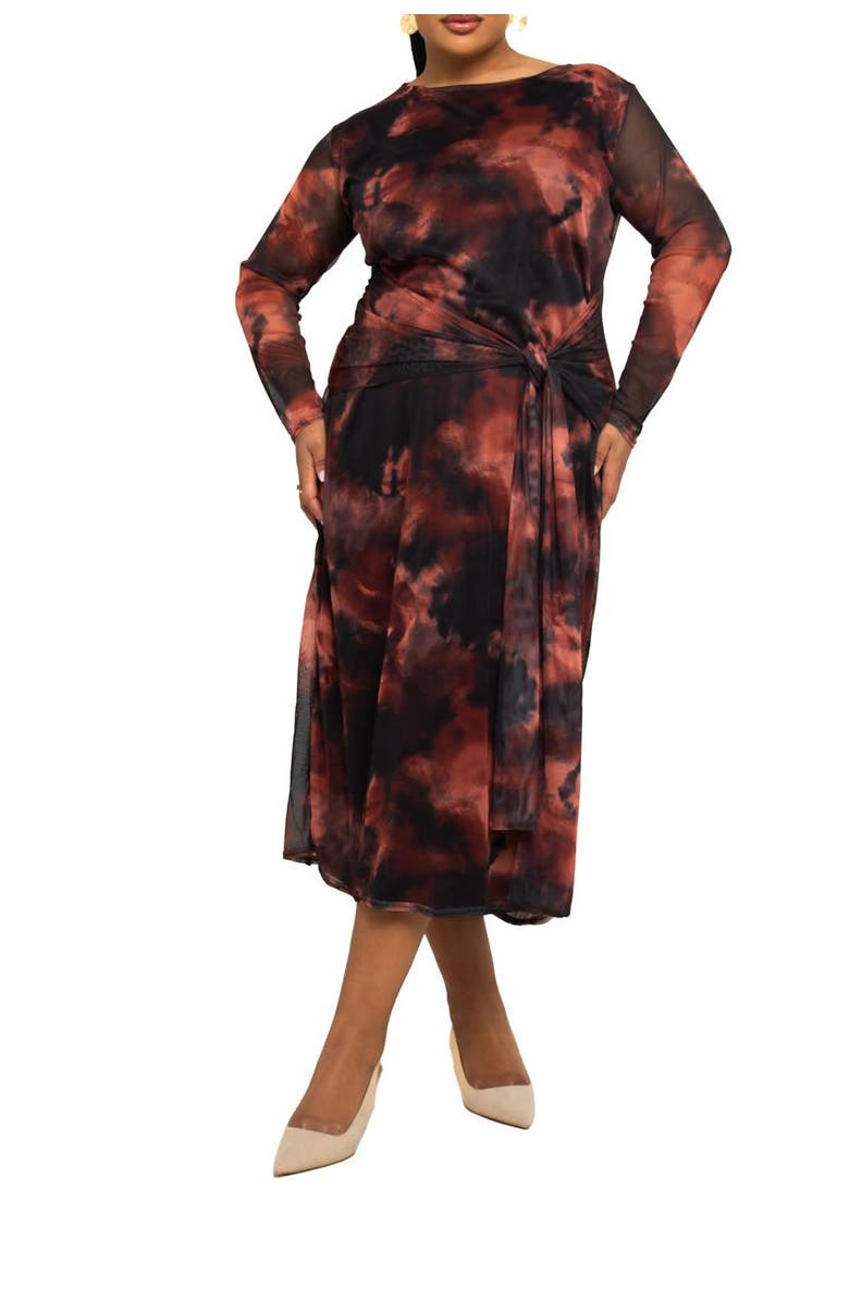 FASHION-SZN CURVE Retro Tie Dye Print Mesh Midi Dress, Alternate, color, Brown