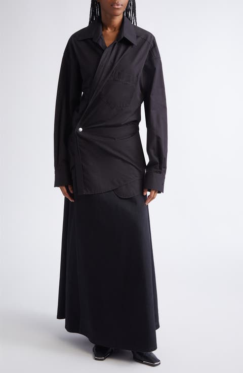 Long Sleeve Poplin & Denim Wrap Dress