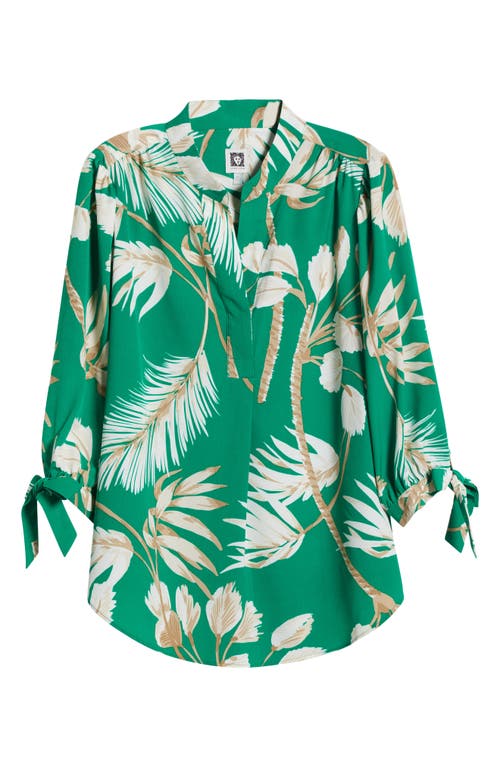Anne Klein Palm Print Tie Cuff Crepe Top In Tropical Green Multi