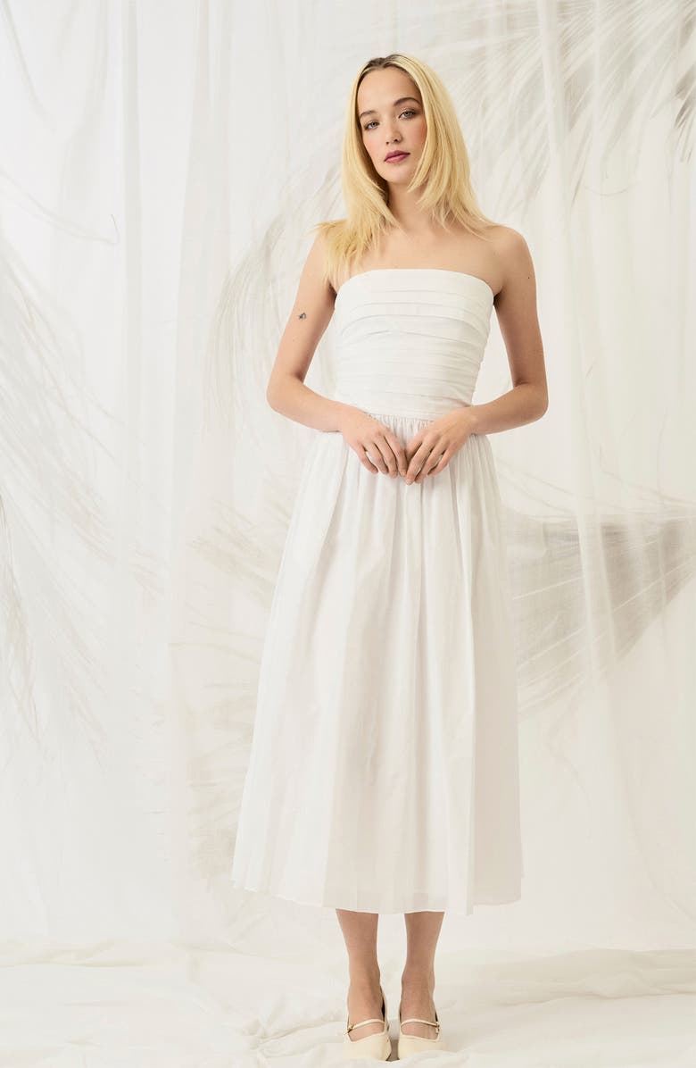 Luxely Pleated Strapless Cotton Midi Dress, Alternate, color, Cloud Dancer