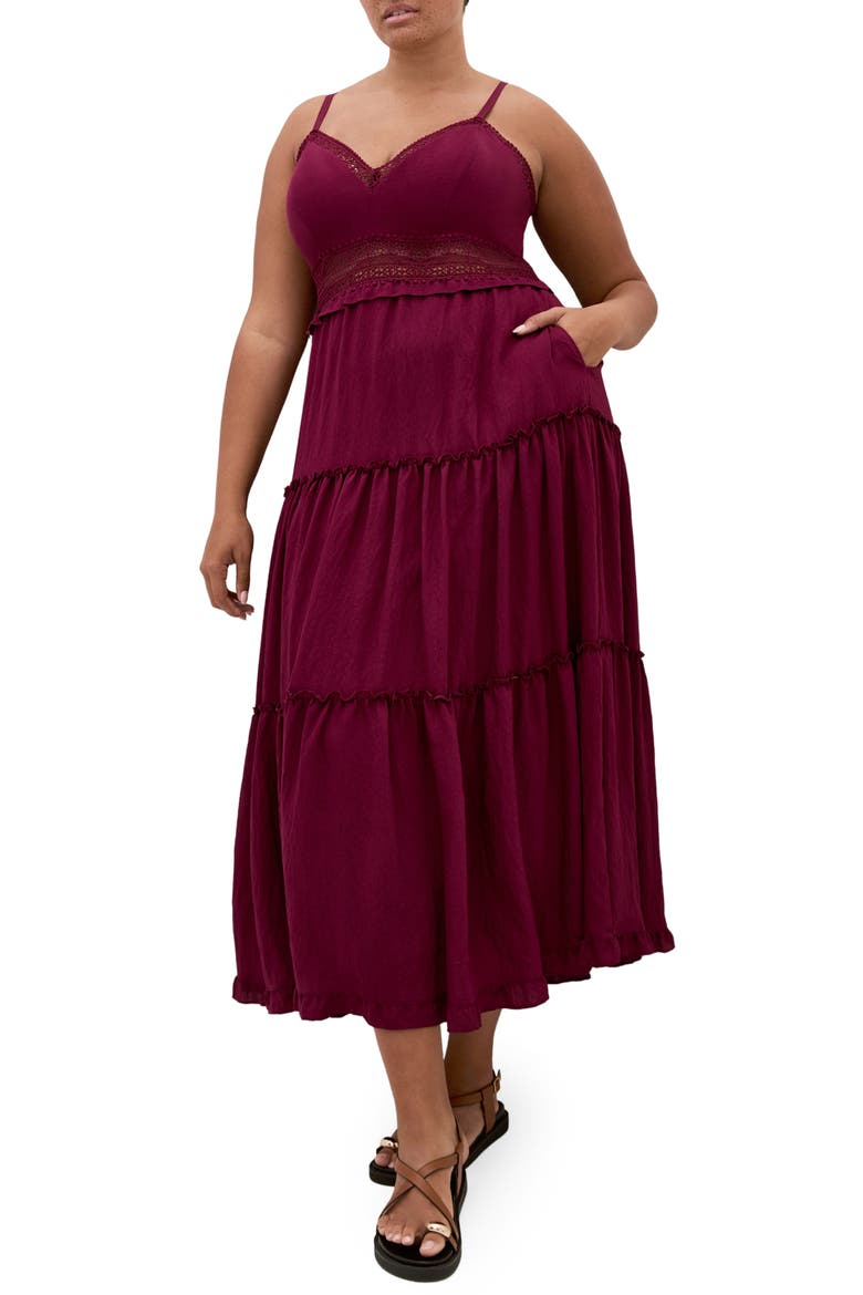 Ayla Crochet Trim Midi Dress, Main, color, POMEGRANATE