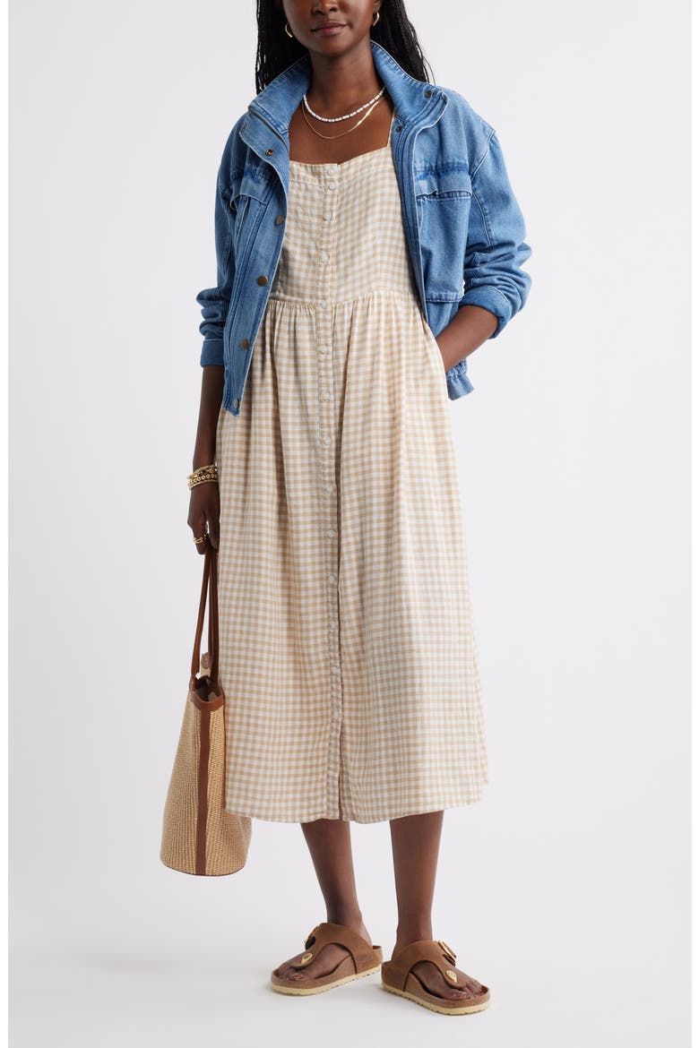 Checkered Button Front Midi Dress, Alternate, color, TAN SHORE- WHITE GINGHAM