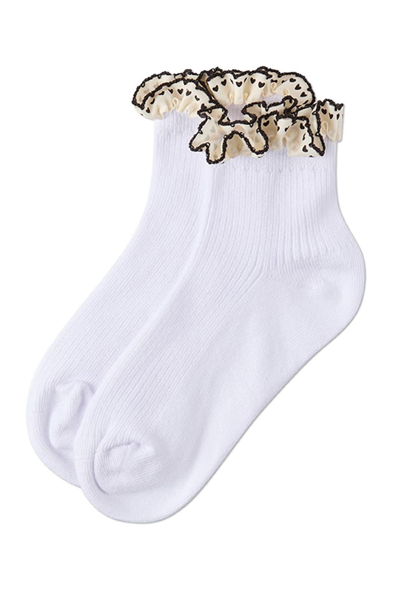 Ribbed Ankle Sock with Heart -Print Lace-Trim Ruffle, Alternate, color, White