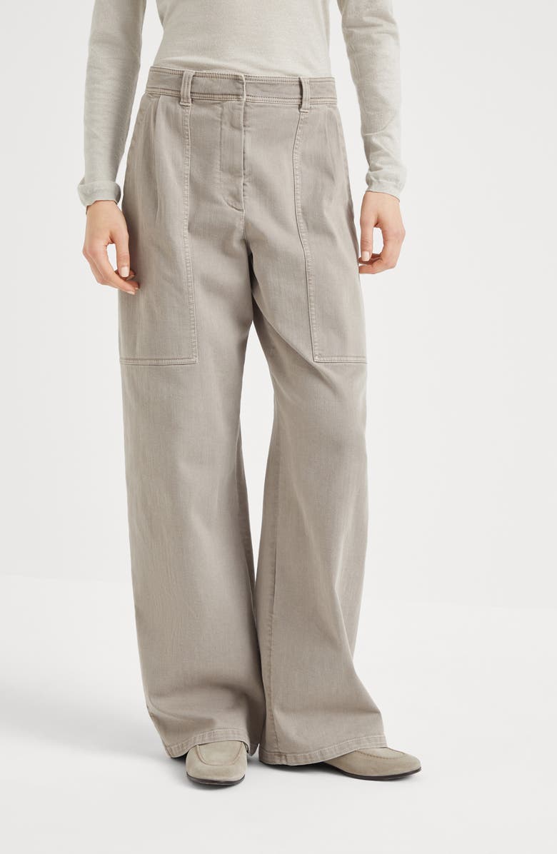 Brunello Cucinelli Stretch dyed denim loose utility trousers with monili, Alternate, color, 
