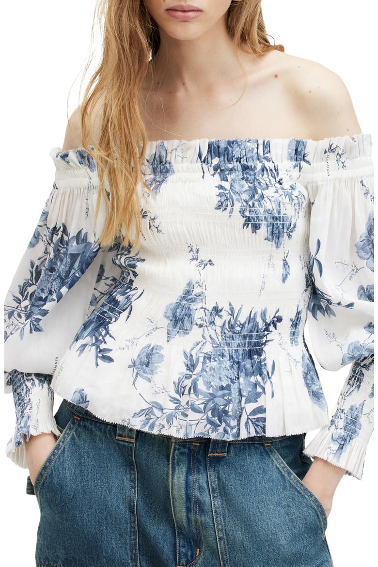 Lara Dekorah Off the Shoulder Smocked Linen & Silk Top, Main, color, DENIM BLUE