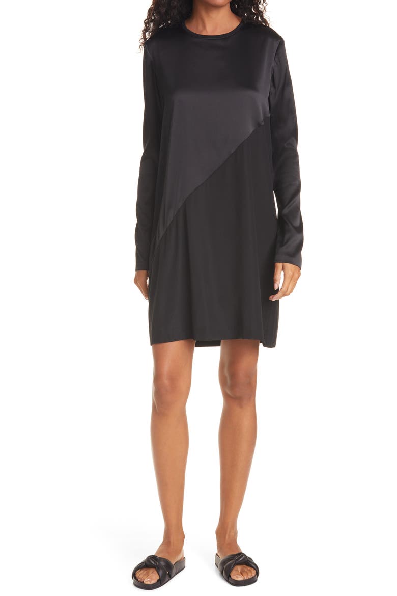 Long Sleeve Stretch Silk Minidress, Main, color, BLACK