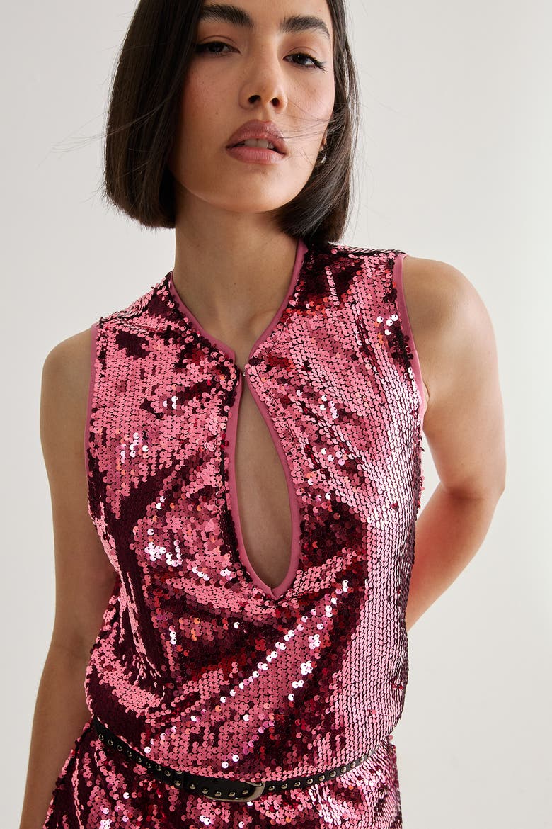 Sequin Plunge Keyhole Blouson Mini Dress, Alternate, color, Rose Pink