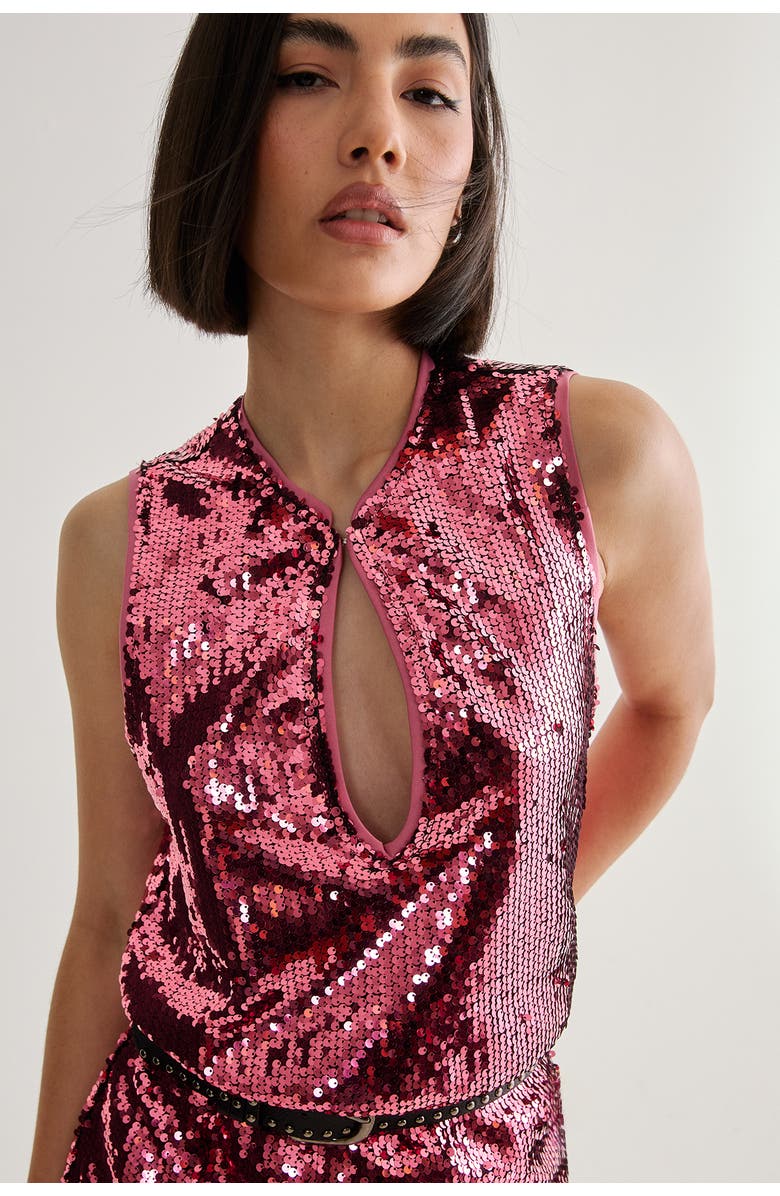 NASTY GAL Sequin Plunge Keyhole Blouson Mini Dress, Alternate, color, Rose Pink