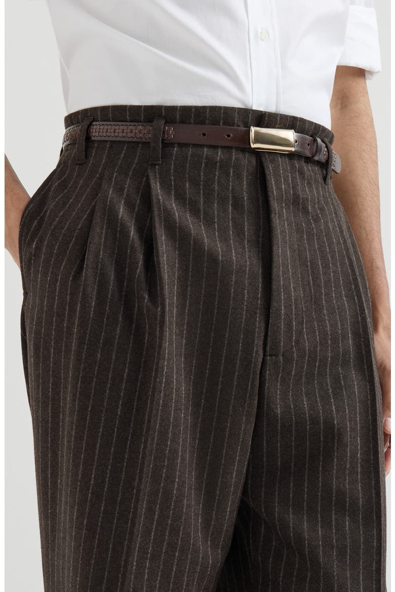 Virgin wool and cashmere chalk stripe trousers with double pleats, Alternate, color, Brown