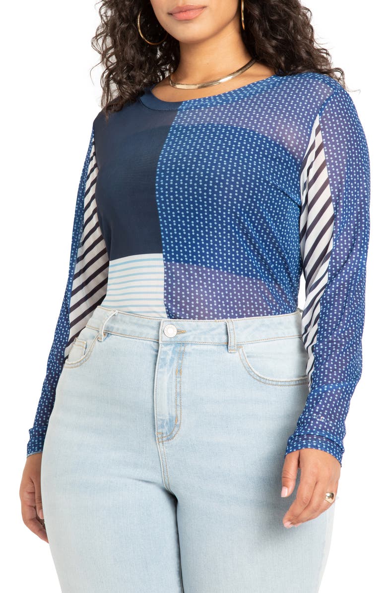 ELOQUII Patchwork Long Sleeve Sheer Mesh Top, Main, color, 