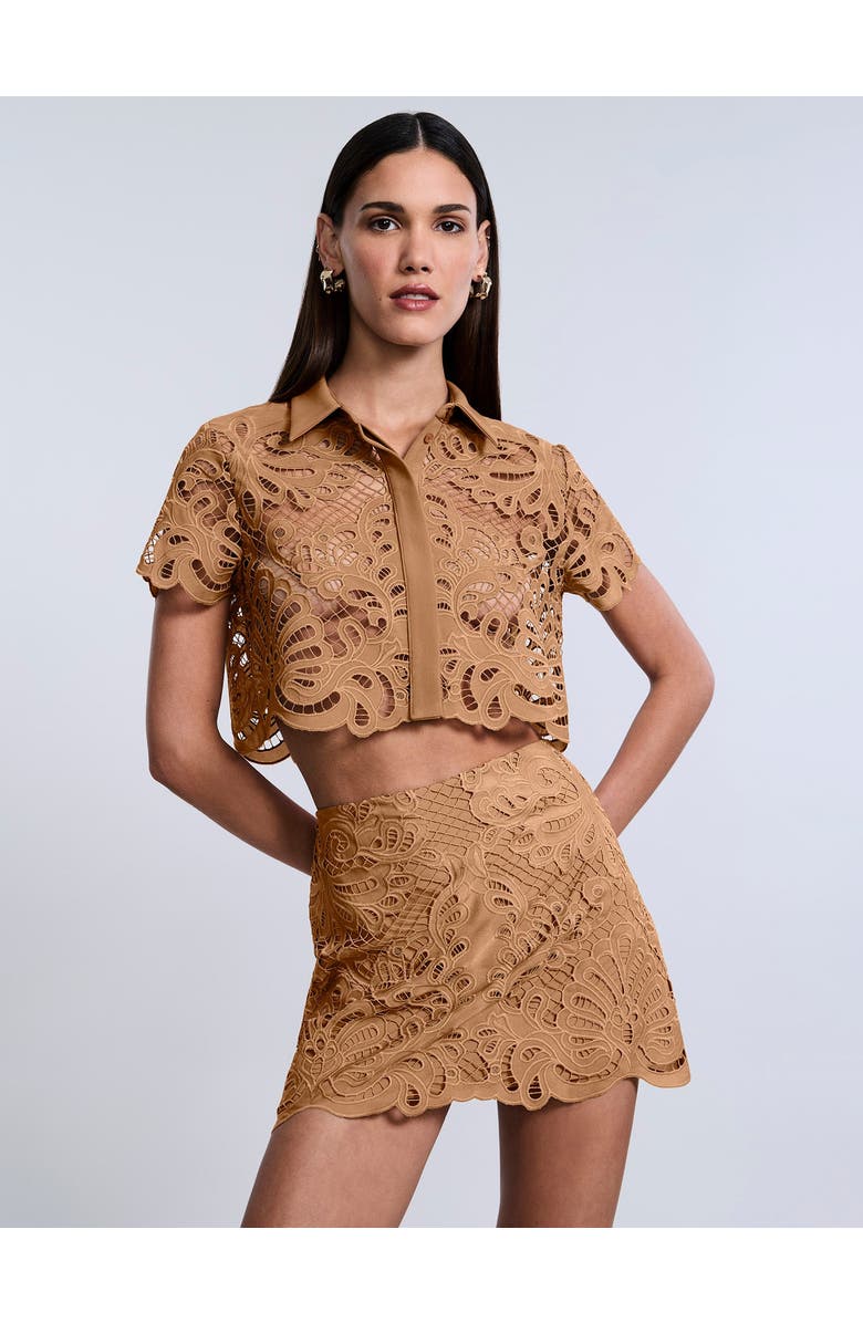 BCBGMAXAZRIA Eyelet Button Down Polo, Alternate, color, Brown Sugar