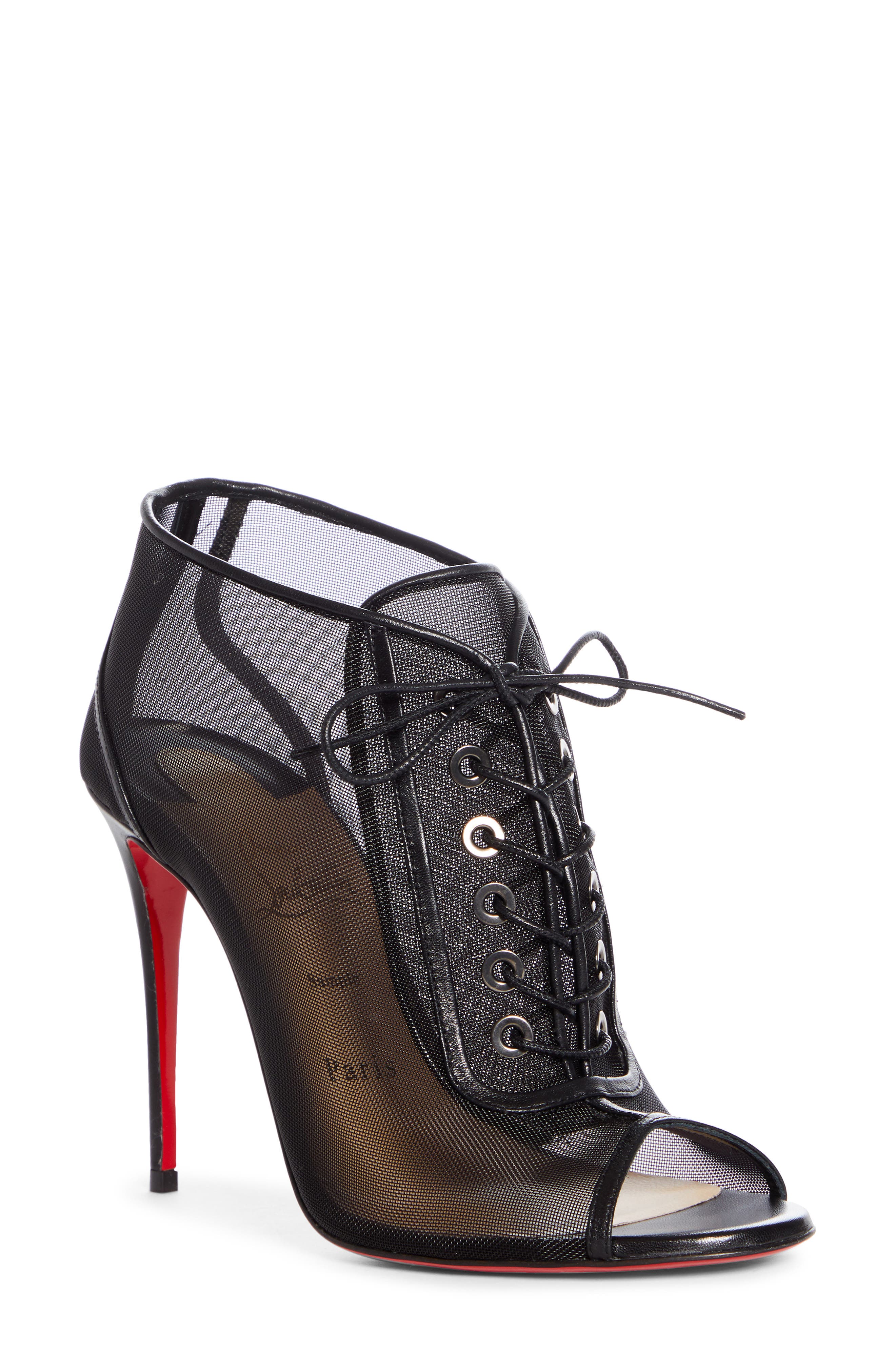 Christian Louboutin Ondessa Mesh Lace Up Peep Toe Bootie, Main, color, 