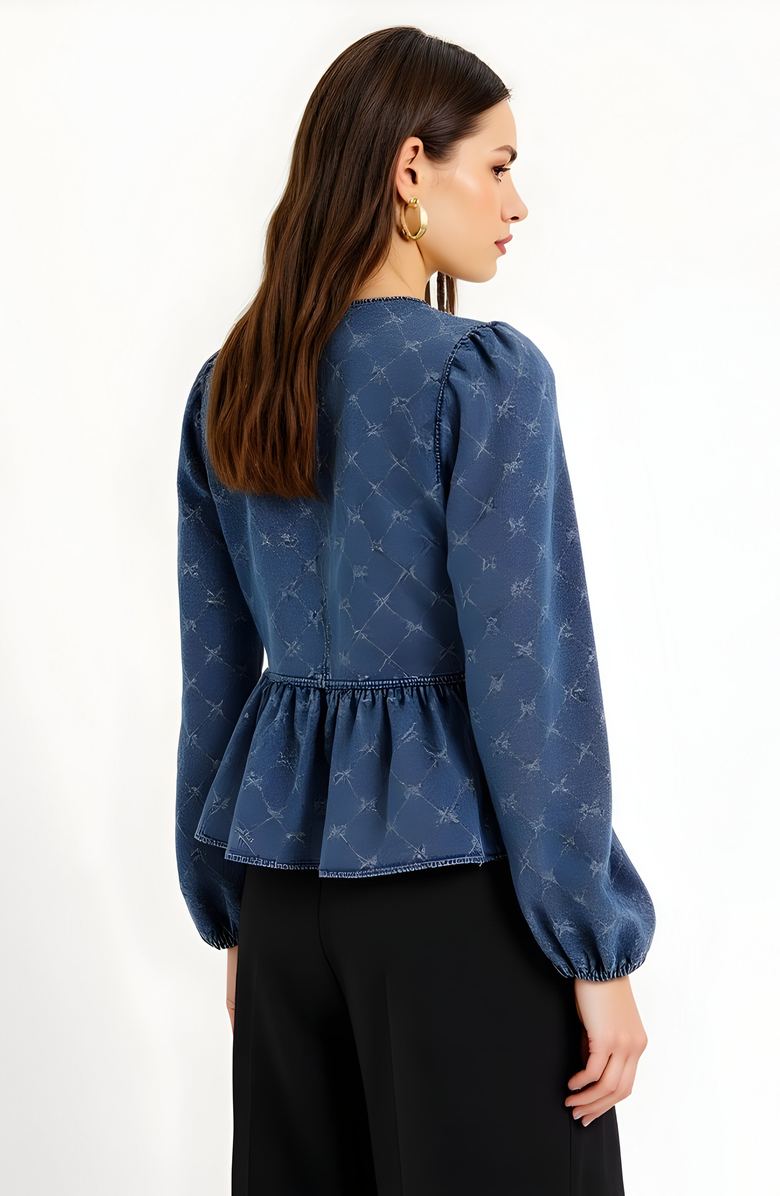 Modenaire Denim Top with Bow-Front and Puffed Sleeves, Alternate, color, Dark Blue