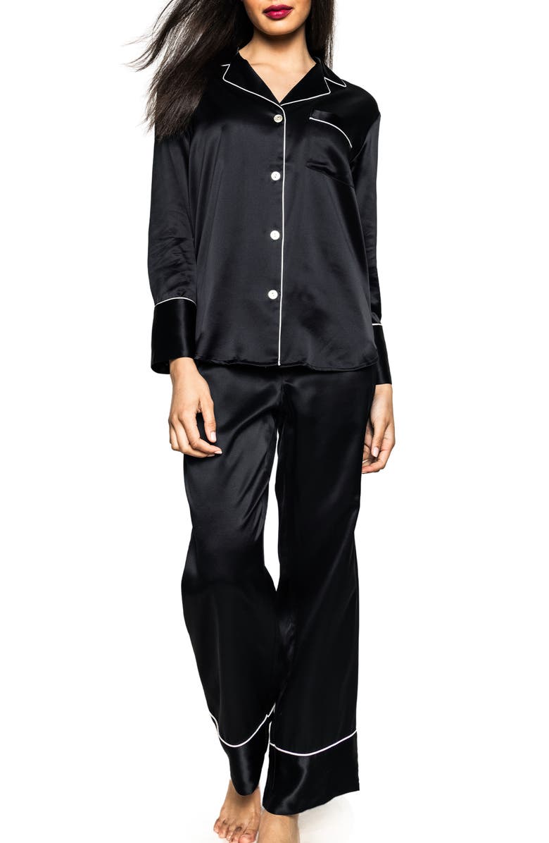 Petite Plume Contrast Piping Silk Pajamas, Main, color, Black