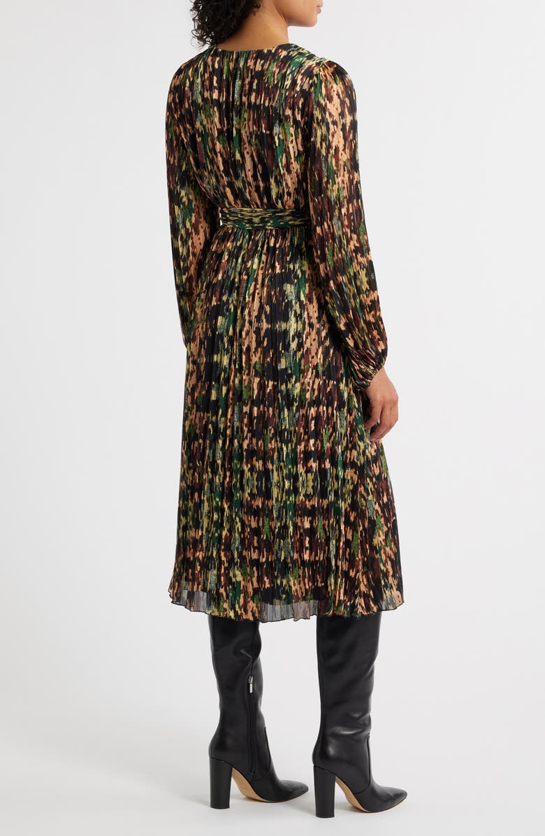 Sam Edelman Metallic Plissé Long Sleeve Midi Dress, Alternate, color, Black Multi