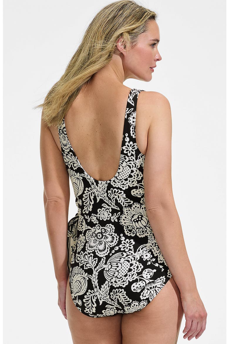 Plus Size Side Tie Wrap One Piece Swimsuit, Alternate, color, Floral Medley/Black Border