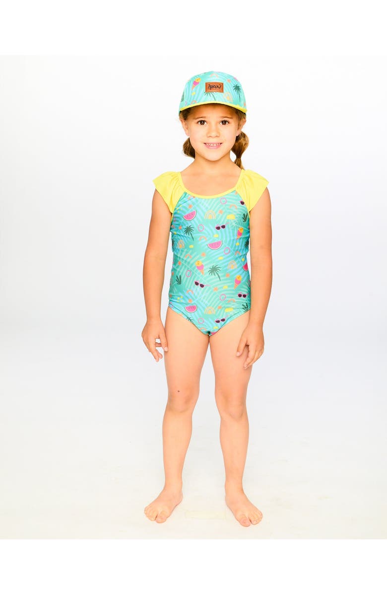 Deux par Deux One-Piece Ruffle Beach Swimsuit, Alternate, color, Green Beach Print