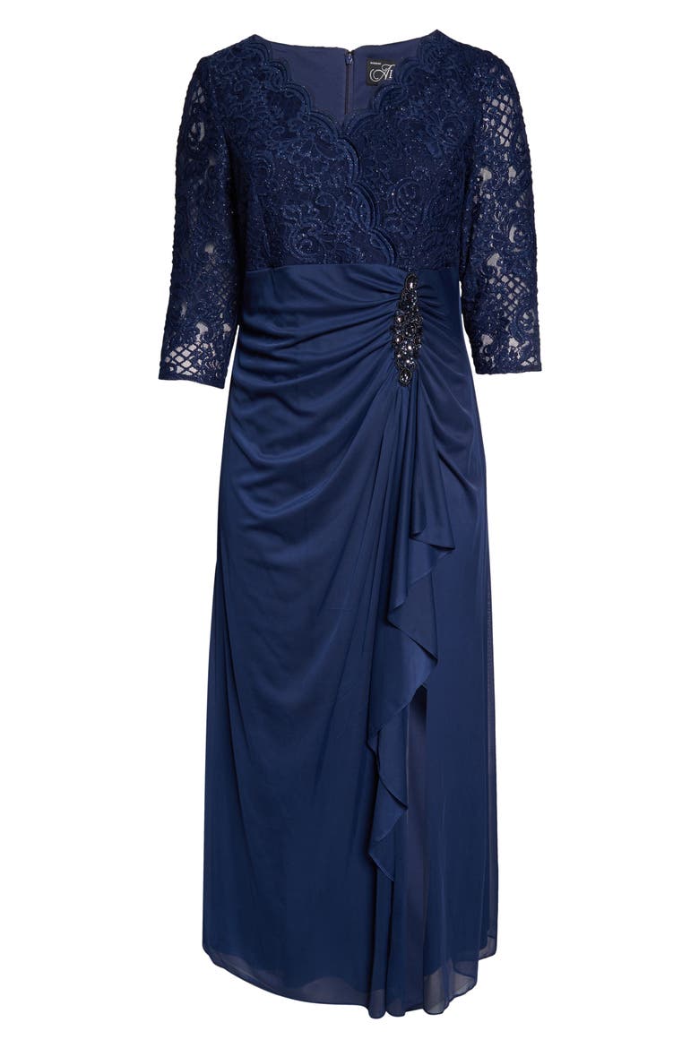 Beaded Lace Bodice Empire Waist Gown, Alternate, color, NAVY
