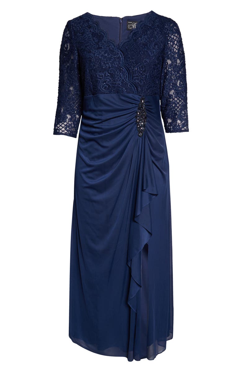 Alex Evenings Beaded Lace Bodice Empire Waist Gown, Alternate, color, Navy