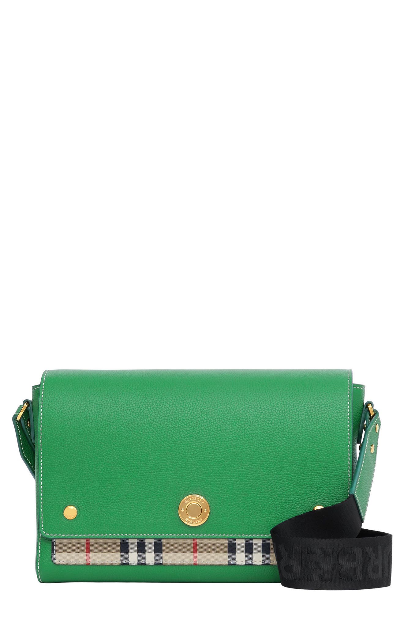 Medium Note Leather & Vintage Check Crossbody Bag, Main, color, IVY GREEN