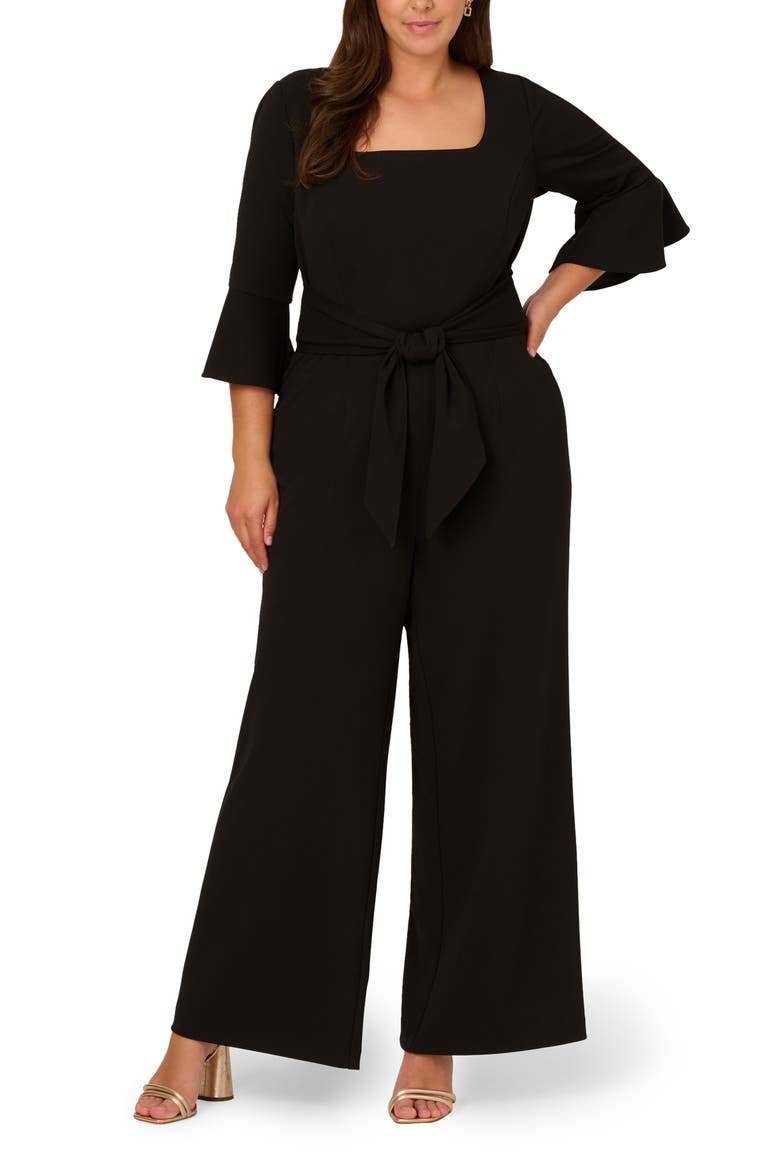 Tie Front Wide Leg Crepe Jumpsuit, Main, color, BLACK