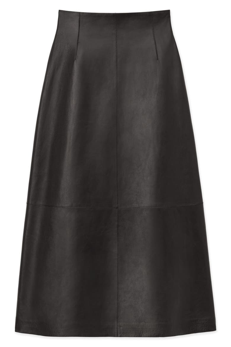 High Waist Napa Lambskin Leather A-Line Midi Skirt, Alternate, color, BLACK