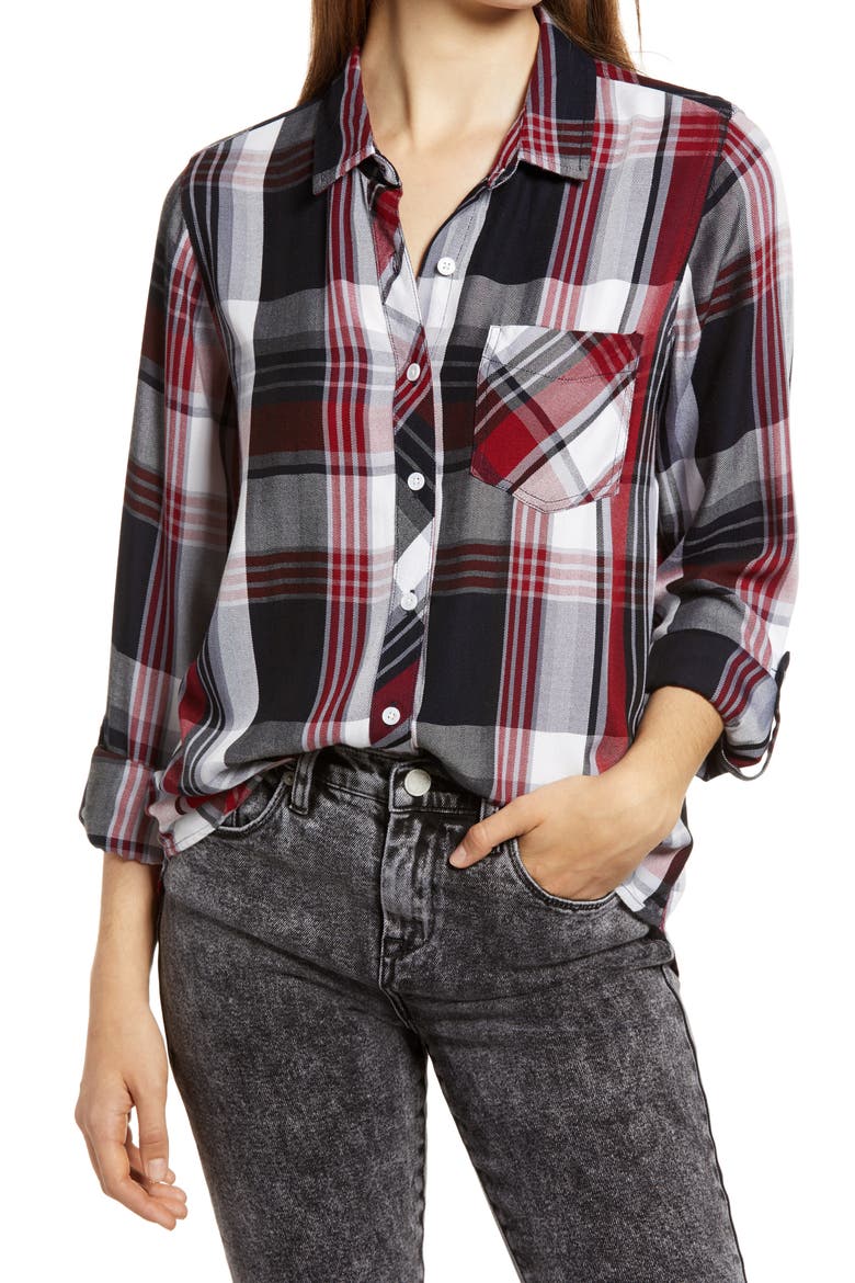 Ramy Plaid Button-Up Shirt, Main, color, NAVY PERI RED