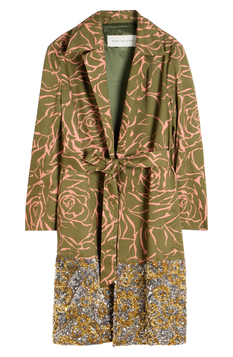 Dries Van Noten Roltas Giant Couture Rose Print Cotton & Sequin Wrap Coat, Alternate, color, Khaki