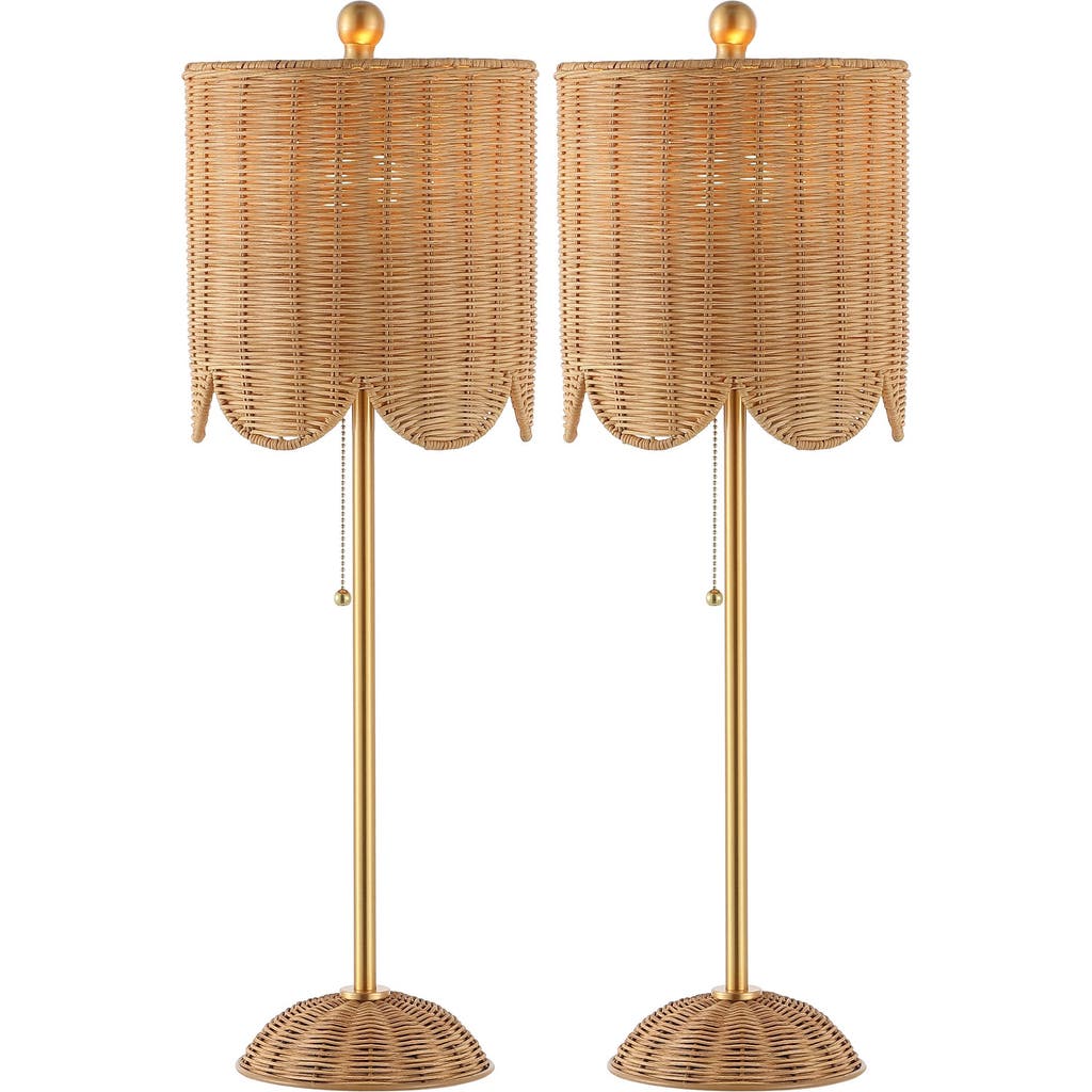 Jonathan Y Celerie 27.5" Coastal Bohemian Rattan/iron Scalloped Buffet Led Table Lamp With Pull Chai In Natural/brass Gold
