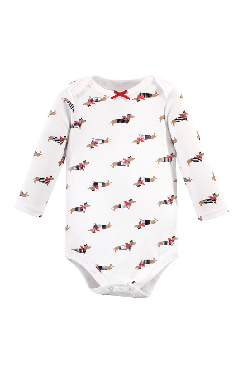 Hudson Baby Essential All-Cotton Long-Sleeve Bodysuit Triple Pack, Alternate, color, Bonjour Dachshund
