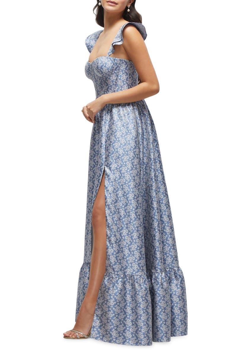 Dessy Collection Floral Jacquard Corset Bodice Gown, Alternate, color, Chambray