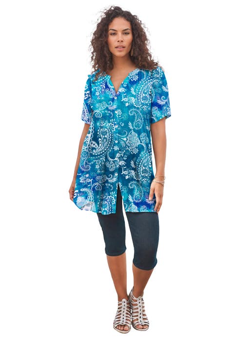 Plus Size Angelina Crinkle Crepe Y-Neck Short Sleeve Tunic (Plus)
