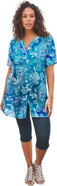Roaman's Plus Size Angelina Crinkle Crepe Y-Neck Short Sleeve Tunic